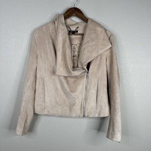 H By Halston Jacket Women 8 Beige Moto Stretch Pockets Asymmetrical Zip